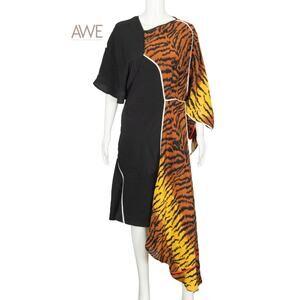 VICTORIA BECKHAM Black Tiger Print Silk Crepe Asymmetric Midi Dress Size 8 UK 12